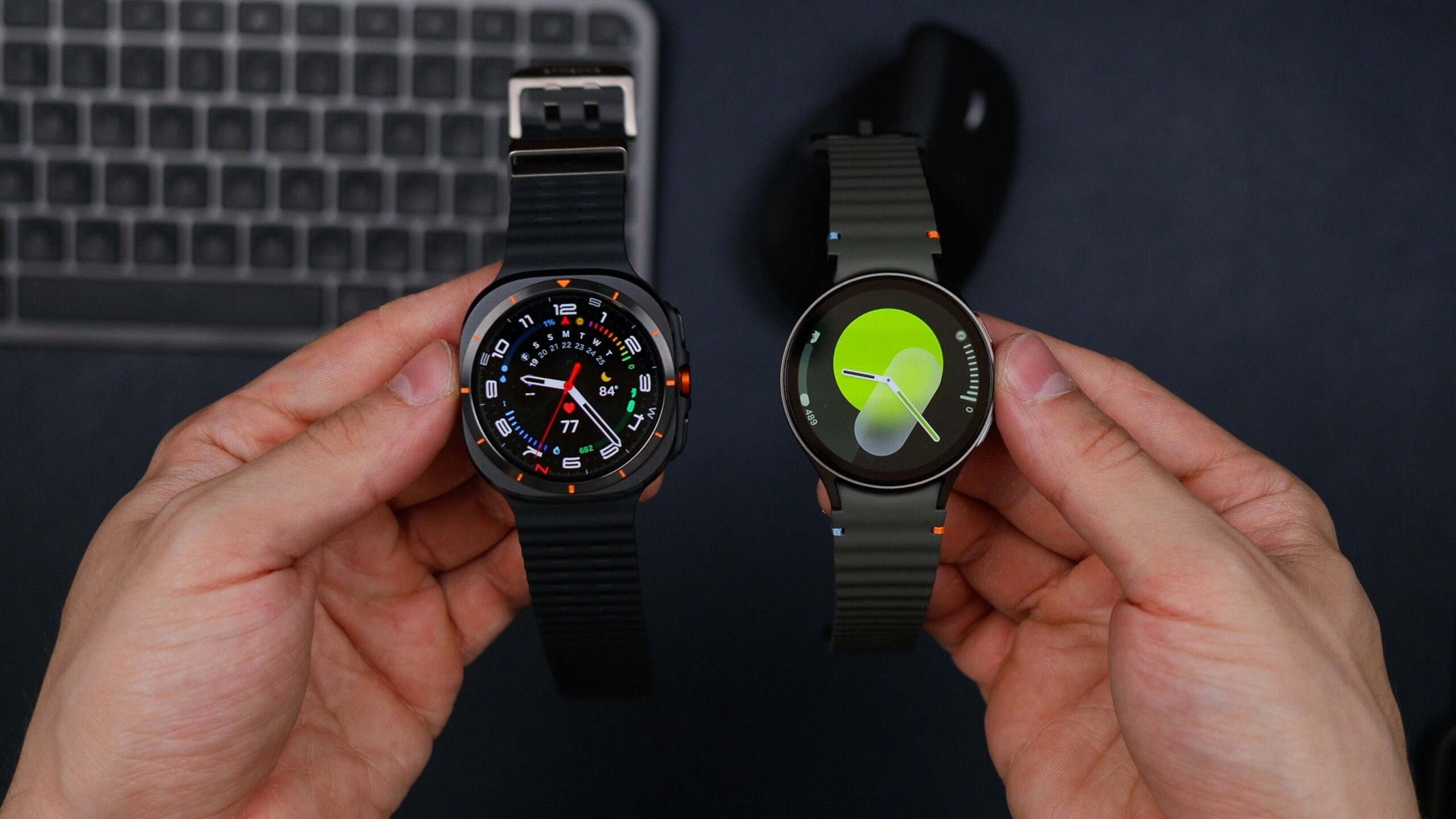 A comparison image showing a plain default watch face next to a vibrant custom design
