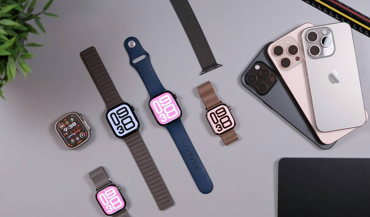 Minimalist graphic of a vintage flip phone next to a modern fashion watch with haiku text overlay